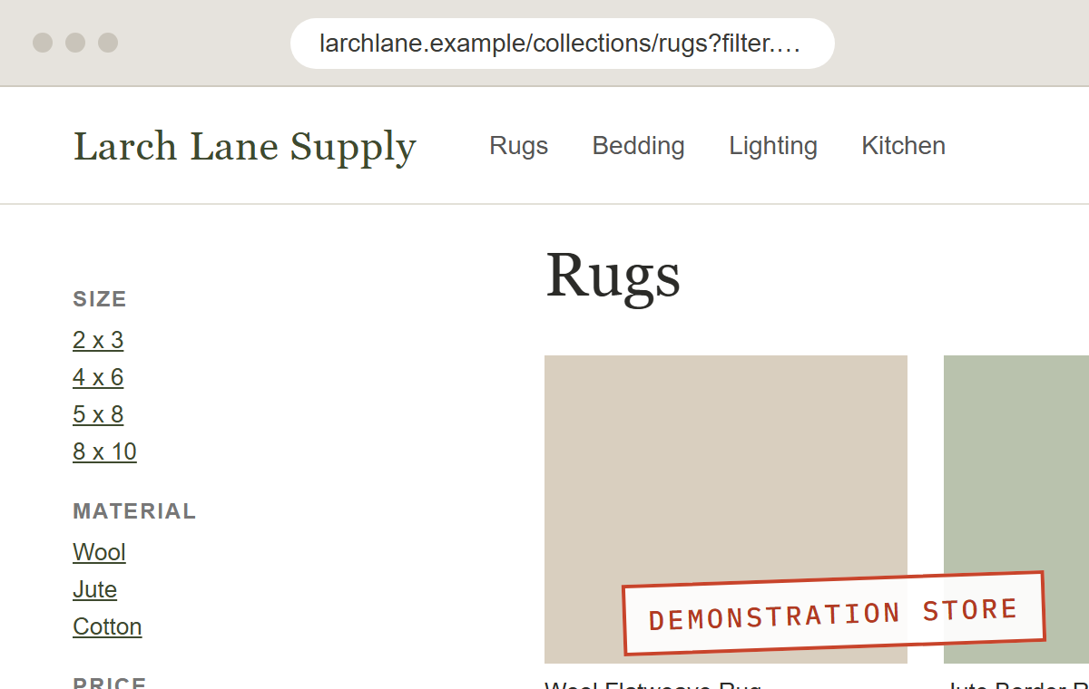 Demonstration store collection page for rugs, shown close up, with two marked problems: the address bar shows filter settings that create a new address for each combination, and there is no text between the heading and the products.