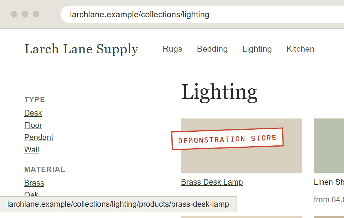 Demonstration Shopify store lighting collection, close up. The Brass Desk Lamp product is hovered, and the status bar shows its link going through the collection address instead of the main product address.